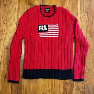 Vintage Ralph Lauren Red and Navy Sweater with Flag Motif